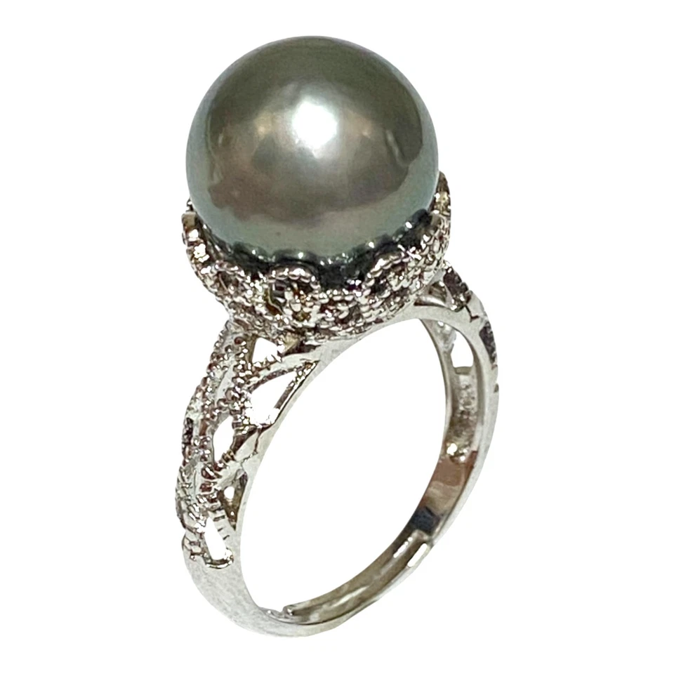 Anillo solitario 12,6 mm redondo de perlas cultivadas del Mar del Sur de Tahití talla 8 Foto 3 de 4