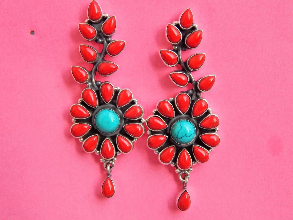 Coral Turquoise Flower Earring in 925 Sterling Silver Wedding Earring gift for - Image 3 of 4