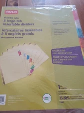 STAPLES ASSORTED COLOR 8 LARGE TAB INSERTABLE DIVIDERS - 1 SET LETTER SIZE
