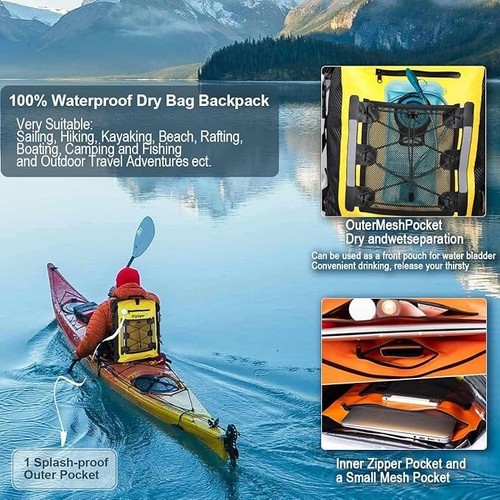 Waterproof Backpack Heavy Duty Dry Bag Roll Top Closure 35L/Yellow - Picture 6 of 6