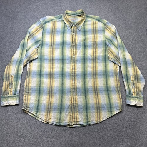 Tommy Bahama Shirt Men XXL Green Blue Plaid Linen Summer Beach Indigo Palms
