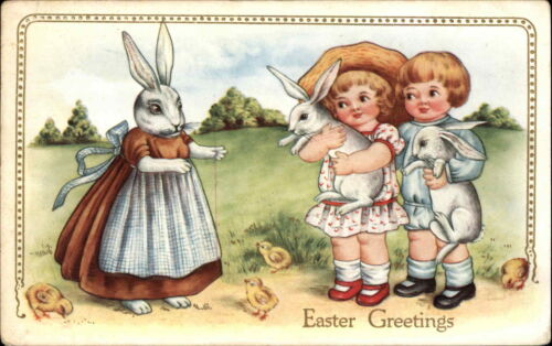 Whitney Easter Fantasy Children Meet Mom Rabbit in Dress Vintage Postcard - Photo 1 sur 2