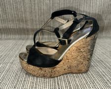 JIMMY CHOO BLACK LEATHER CORK WEDGE PLATFORM SANDAL Sz 38 MADE IN ITALY