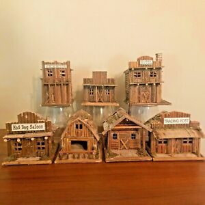 Vintage Folk Art Twig Houses Hand Crafted Tramp Art Bark Moss Buildings SET of 7