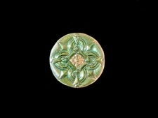 27mm Czech Glass Button Textured Iridescent Gold Pink Design With Metal Shank