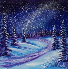 Original Oil Landscape Painting Starry Winter Path Snow Forest Canvas Art Small