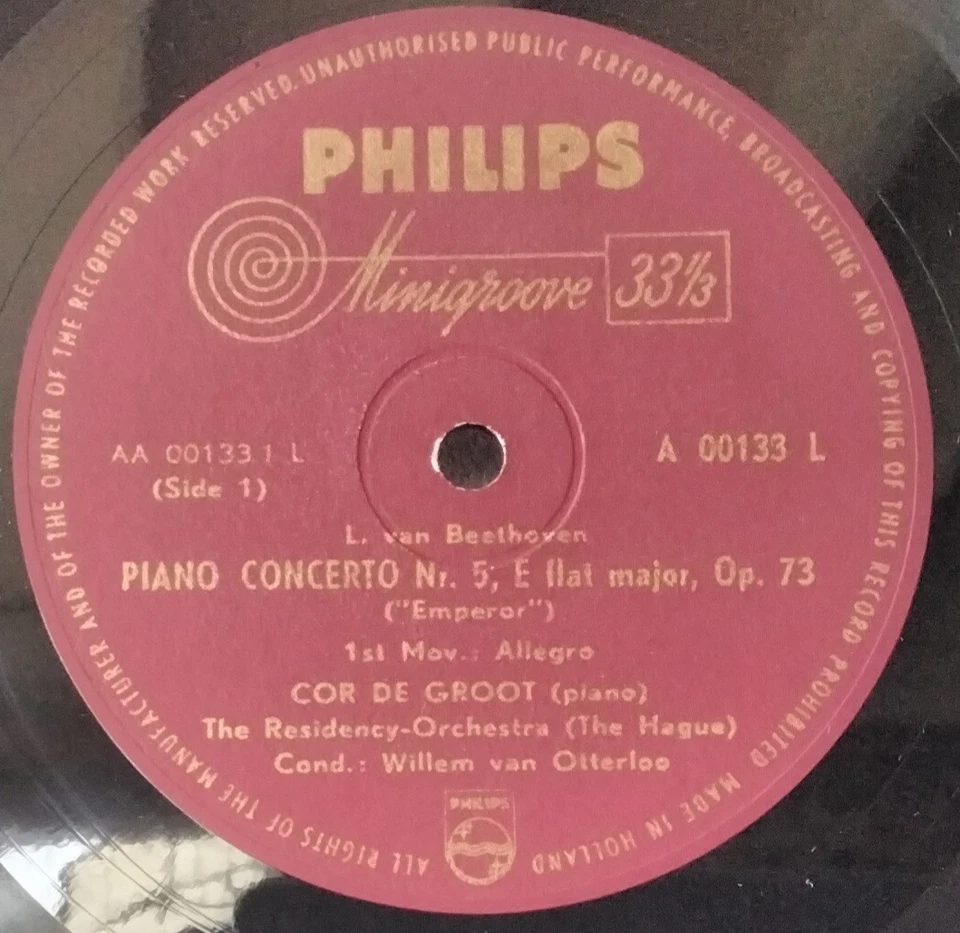 PHILIPS A 00133 L BEETHOVEN, DE GROOT, OTTERLOO Piano Concerto 5 HOLLAND 1952 LP - Image 3 of 3