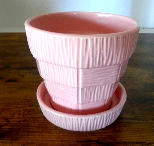 Vintage 5" MCCOY Pink Basket Weave Flower Pot Planter Attached Saucer Plants