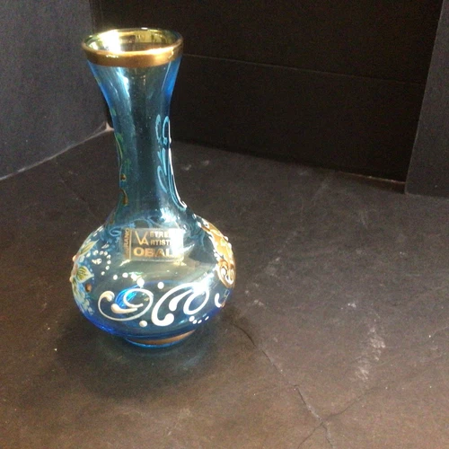 VTG Italian Gold  Art Glass 4” Small Vase, Enamel Flowers 3D,  Murano