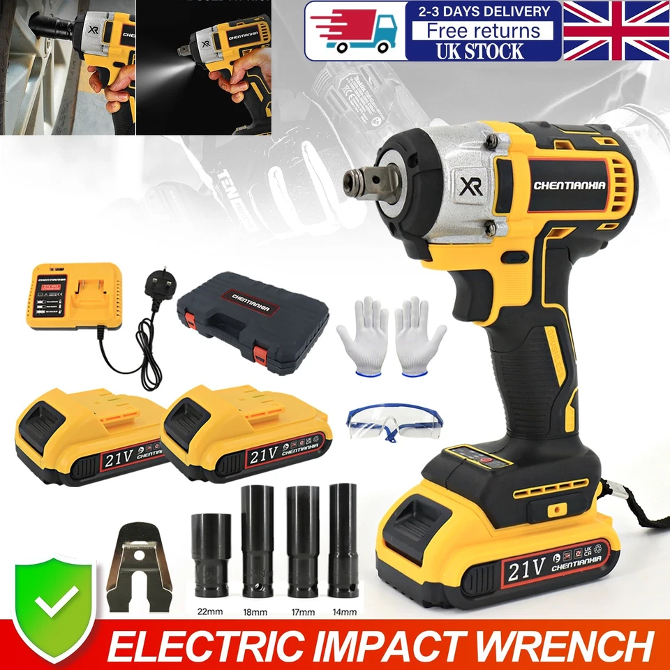21V Cordless Impact Wrench 1/2" 1000NM High Torque Brushless Drill +2 Battery