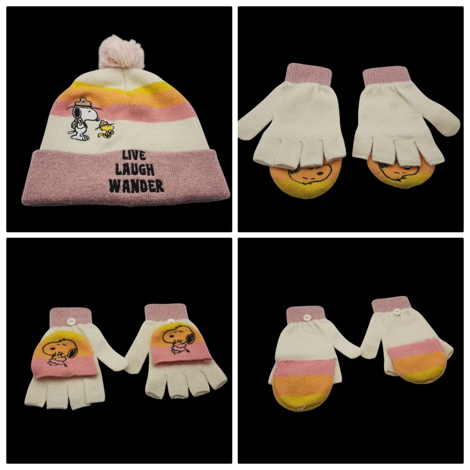 Peanuts Snoopy Woodstock Live Laugh Wander Pompom Gorro y Guantes/Mitones Foto 3 de 4