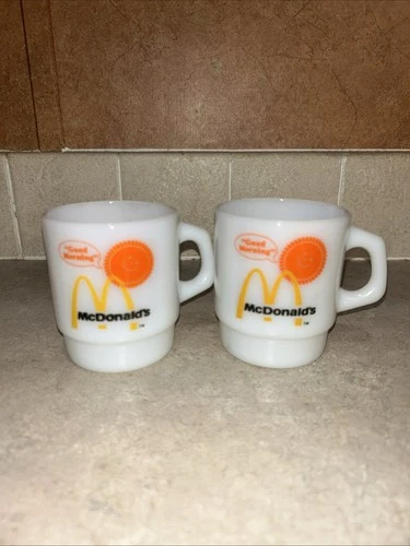 2 VINTAGE McDONALD'S GOOD MORNING COFFEE MUGS ANCHOR HOCKING-FIRE KING MILKGLASS