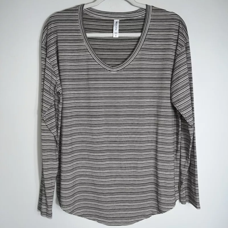 athleta long sleeve round neck tan stripes shirt