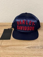 HARLEY DAVIDSON Hat Cap Trucker Blue Red Satin Snapback Flat Brim Sewn Logo