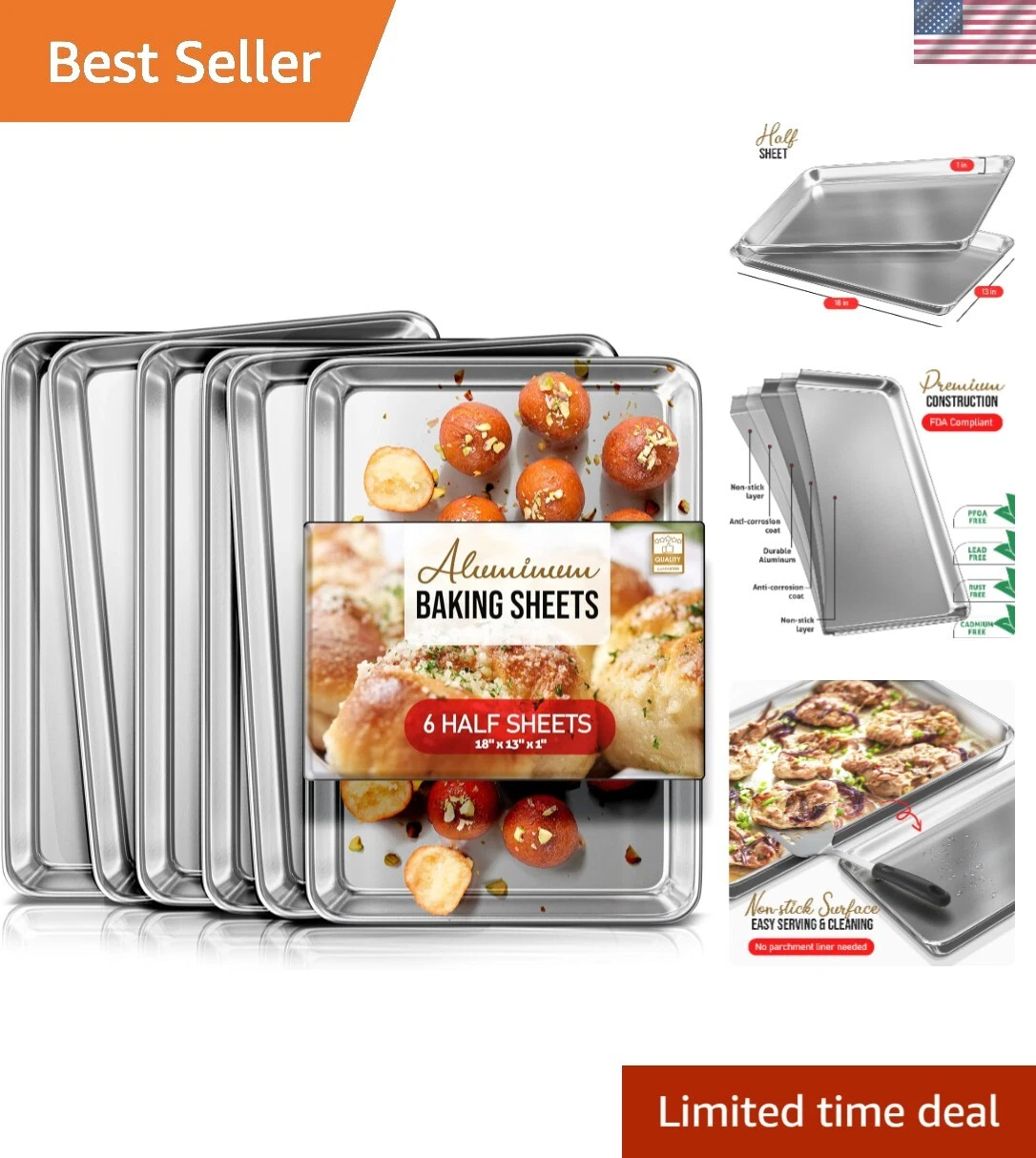 Aluminum Baking Sheet Set, 6 Pack Cookie Sheet Set, 18” x 13” Steel Baking Pa...