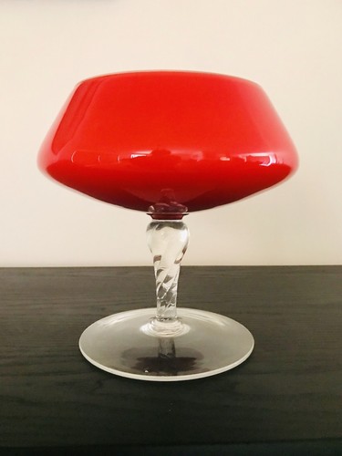VINTAGE RED ART GLASS CASED VASE BOWL COMPOTE MID CENTURY ITALY - Picture 9 of 12