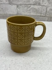 Vintage Brown Glazed Raised Relief Stackable Retro Japan Coffee Mug Tea Cup VTG