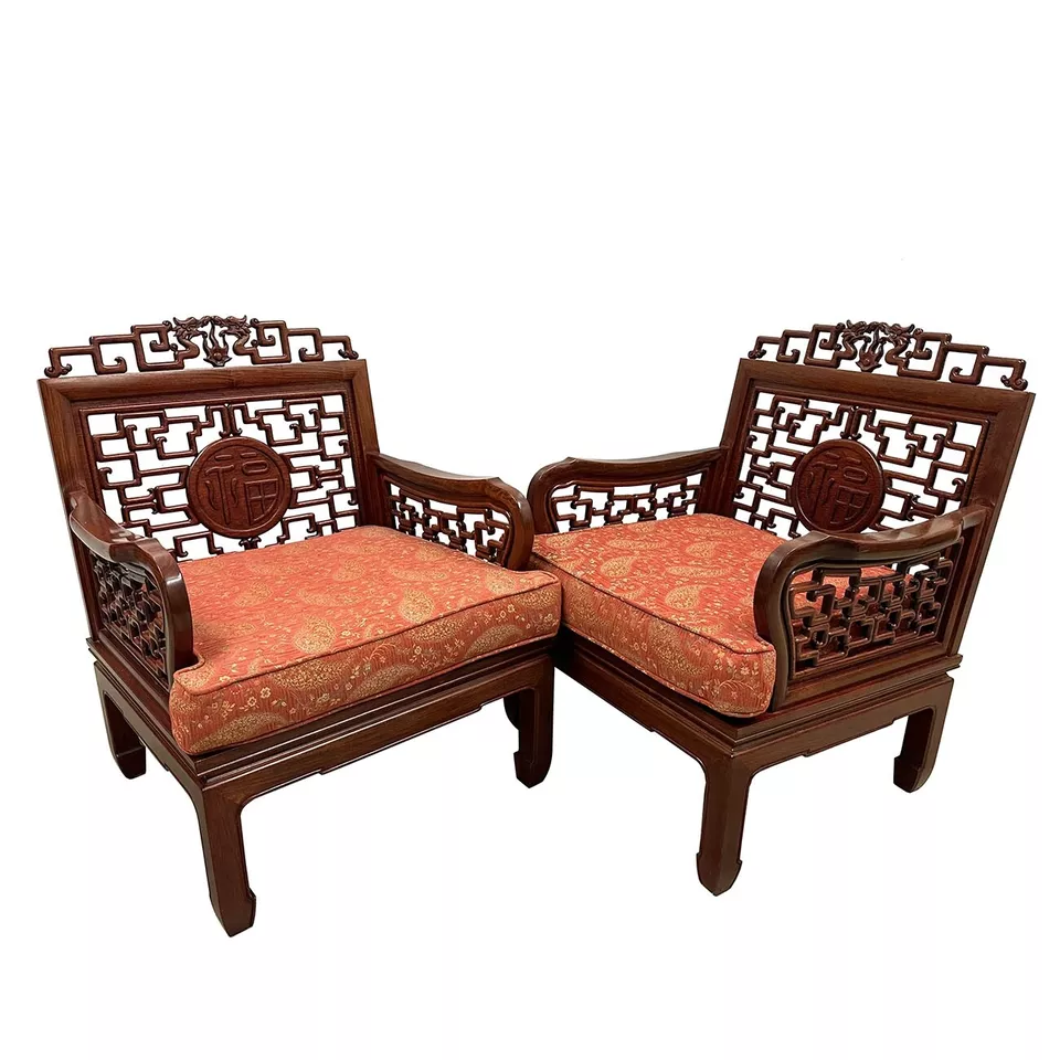 20 世纪中期复古中国雕刻红木客厅椅子套装 — 第 3/4 张图片