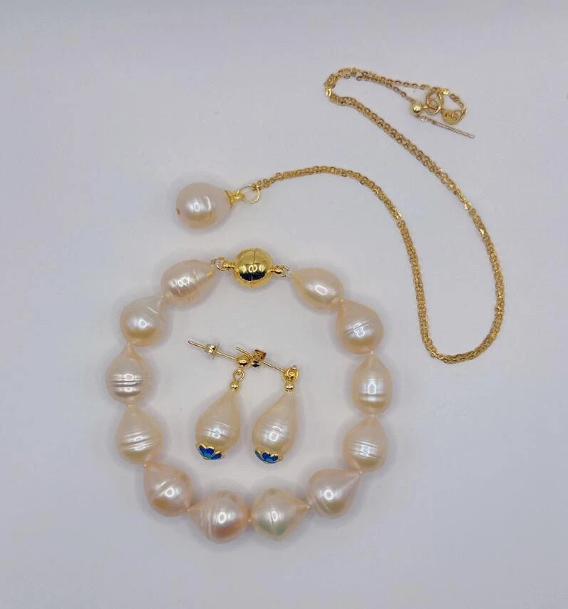 AAA + натуральный южного моря розовый жемчуг браслет серьги ожерелье комплект 14K застежка (xp) - Изображение 2 из 4