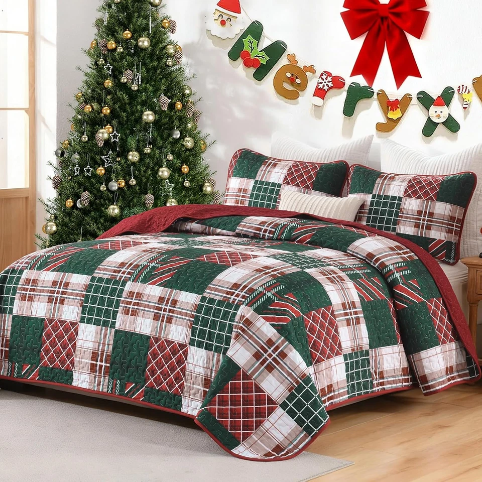 Christmas Quilt Set Queen Size, Xmas Red and Blue Plaid Patterns Bedspread Set Q - Image 2 of 4