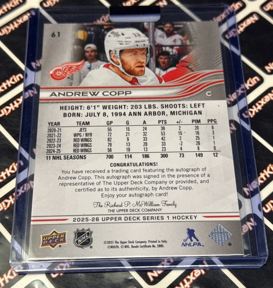 Andrew Copp 2025-26 Upper Deck Series 1 Base Snow Spray Auto #61  1:4000 Packs - Image 3 of 3