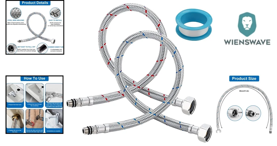 2er Edelstahl Flexschlauch Verlängerung 80cm G3/8 x M10 Wasserhahn Küche Bad - Bild 2 von 4