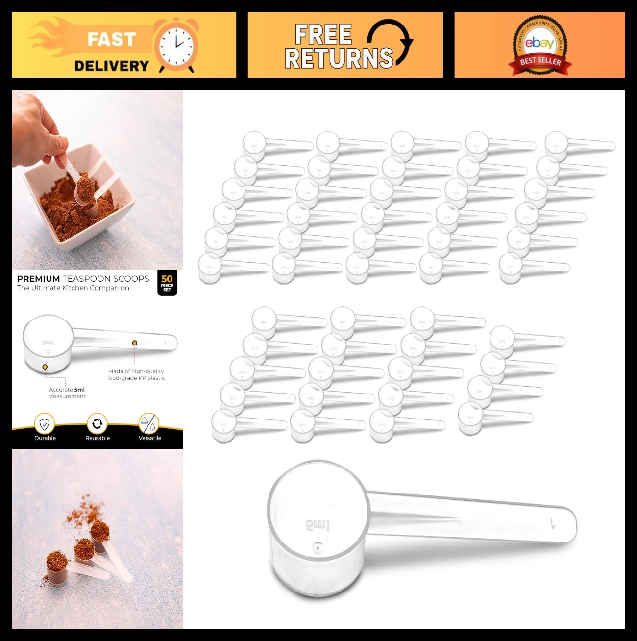 50-Piece Measuring Spoons Set - Short Handle Teaspoon (5 ML) for Dry Goods, BPA