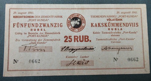 GERMANY - PORT KUNDA - 1941 - 25 RUBLES  - "EF" -RARE - Picture 1 of 2