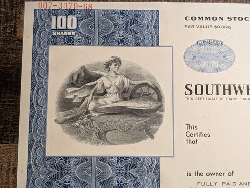 Southwest Airmotive Company 100 Shares Specimen Stock Certificate WOW! - Picture 2 of 7