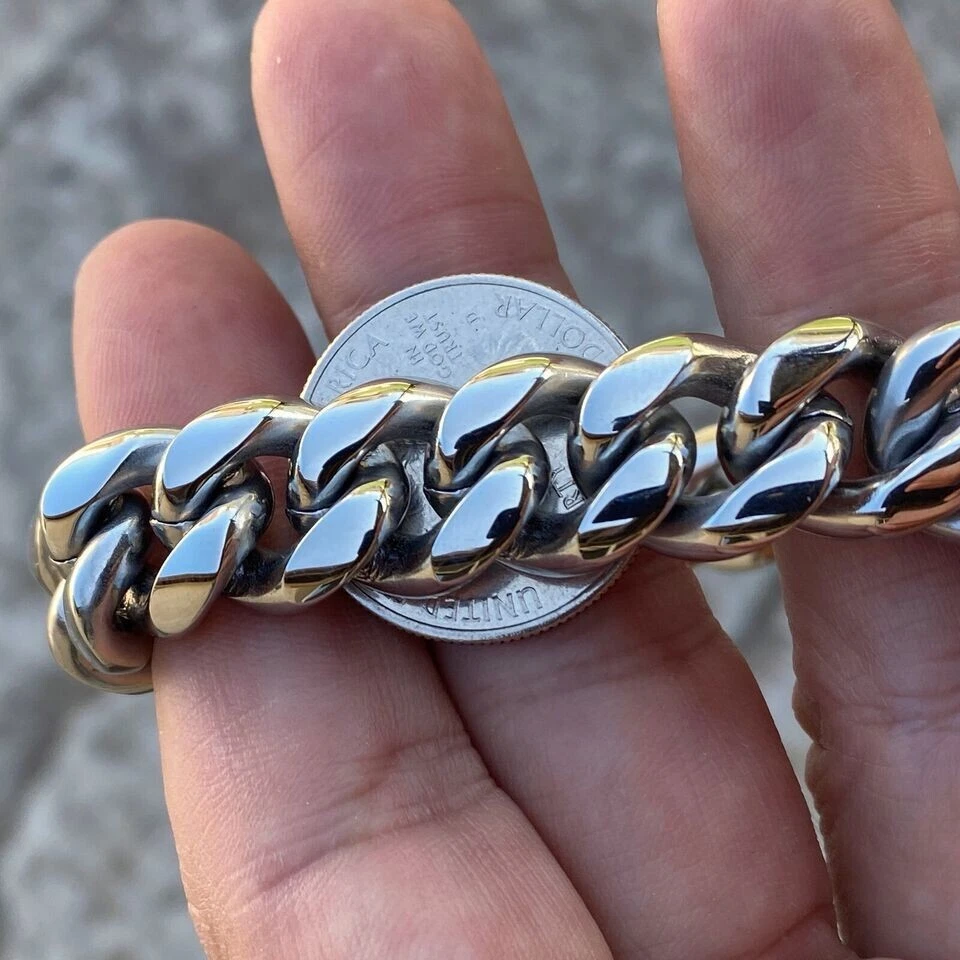 Pulsera de eslabones cubanos Miami para hombre de plata de ley 925 pesada 14 mm 7,5"-9,5" pulgadas Foto 2 de 4