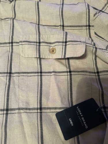 NWT Lucky Brand Mens XXL Linen Button Up Shirt LS Tan & Gray Plaid Classic Fit - Picture 5 of 8