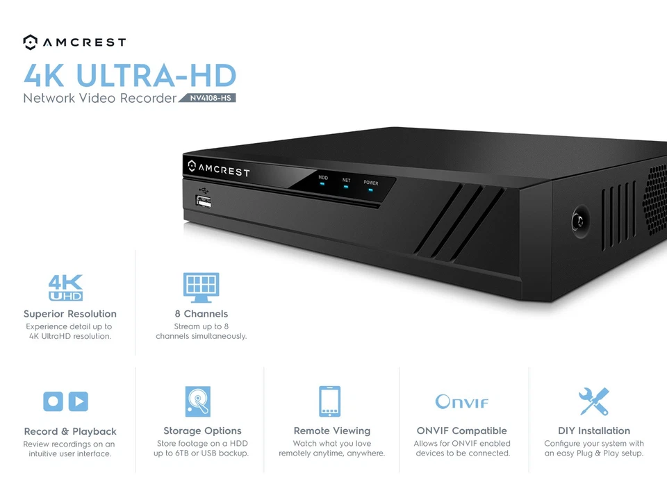Amcrest NV4108-HS 4K NVR (8CH 1080p/3MP/4MP/5MP/6MP/8MP) (No WiFi) NV4108-2TB - Image 2 of 4
