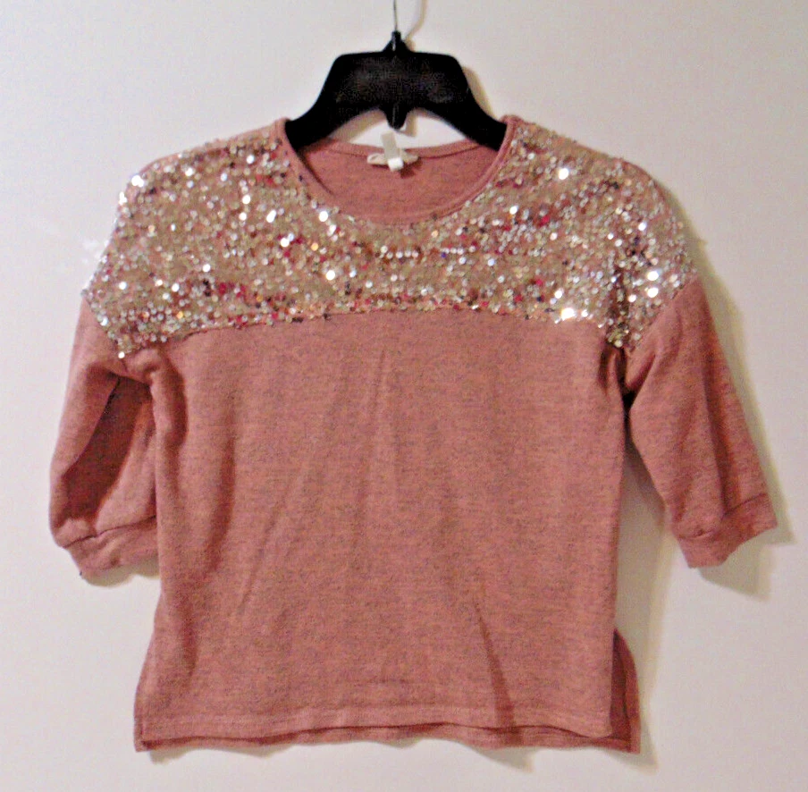 Girls Self Esteem Top Shirt M Pink Gray Sequin Sparkle 3/4" Sleeves Slit Sides - Image 2 of 4