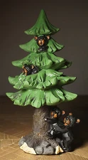 Black Bear Cubs Pine Tree Figurine Statue Rustic Cabin Lodge Wildlife Decor New