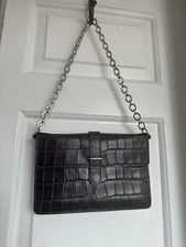 Furla Croc Black Embossed Leather Bag Chain Purse Pouch Bag Clutch Italy