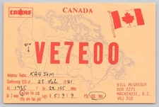 Ham Radio QSL VE7EOO Flag Canada Mackenzie British Columbia Postcard