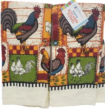 Set of 2 Same Printed Kitchen Towels (15"x25") COLORFUL ROOSTER PATCHWORK,AM,HD