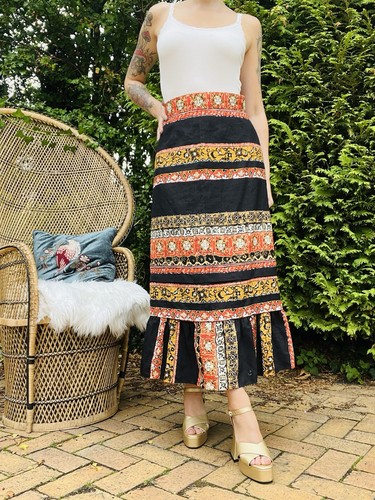 Vintage 1980s Long Skirt High Waist Retro Print Frilly Hem Ankle Length Skirt 12 - Picture 8 of 8