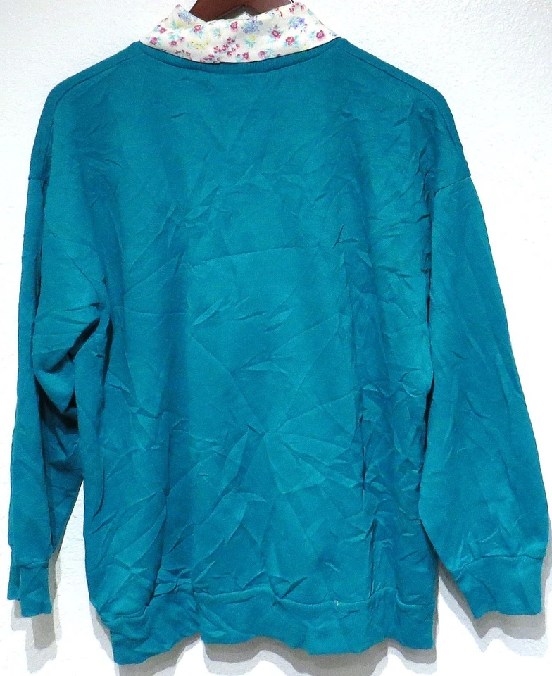 Sudadera de Colección KITTENS FLOWERS Grande Años 90 Cuello Alto Verde Azulado Ediciones Básicas Gato Árbol Foto 2 de 4