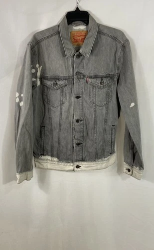 Levi's Men's Grey Trucker Denim Jacket DIY Distressed Bleach Frayed Size L - product listing photo