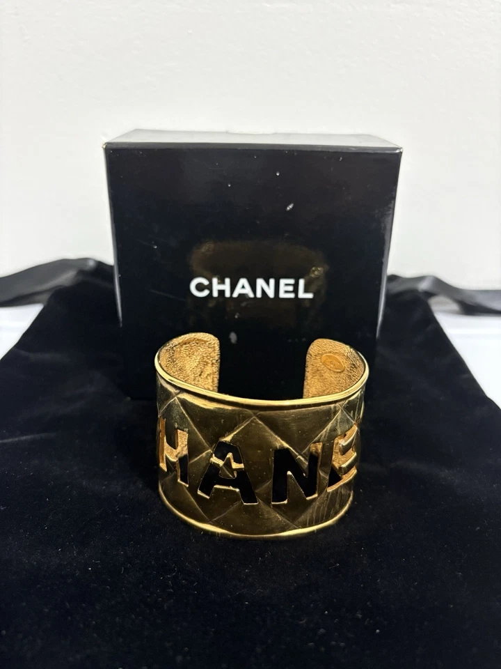Vintage Chanel Gold-Plated Brass Cuff Bracelet with Bold Cut-Out Logo - Image 2 of 4