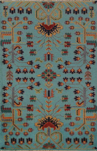 Exquisita alfombra azul de lana india Oushak dormitorio 3x5 ft - Imagen 1 de 19