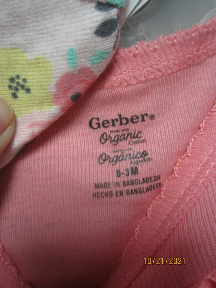 Conjunto Gerber Baby Girl 3 peças algodão orgânico "Love" floral leve-me para casa tamanho 0-3M - Imagem 4 de 4