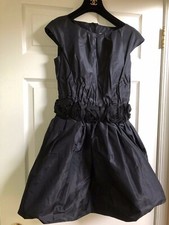 CHANEL 10P VINTAGE NEW UNIQUE SILK BLACK DRESS LEATHER CAMELLIAS CC LOGO FR38