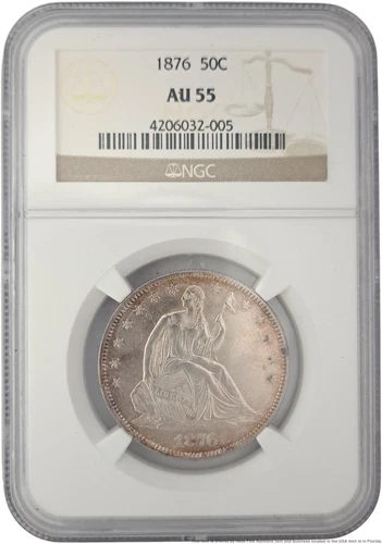 NGC Graded AU 55 1876 Seated Liberty Silver Half Dollar 50 Cent Slabbed Coin