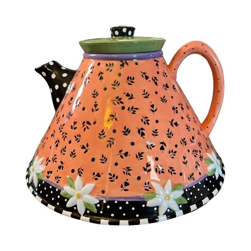 Very Mary Teapot Vtg ME Ink 1998 Engelbreit Daisy Dots Peach - 9" Base - NIB - Picture 2 of 11