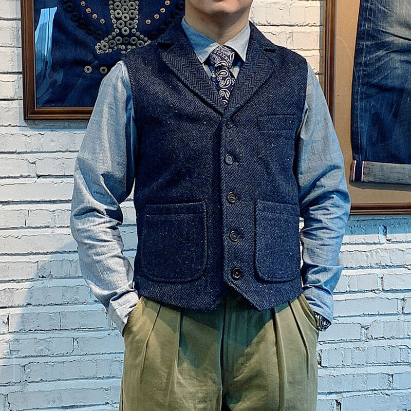 【pois】Tweed vest [Blue] Men's Red Tornado Classic Wool Tweed Waistcoat Retro