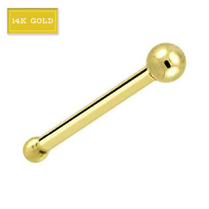 14K Solid White/Yellow 2mm Gold ball Nose Bones Studs Rings   6mm Length 20g.