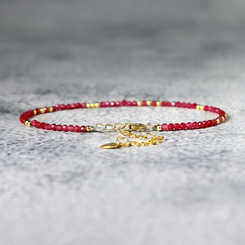 Natural Faceted Ruby Tiny 2mm Beads Healing Reiki Dainty Gold Chain Bracelet - Image 2 of 3