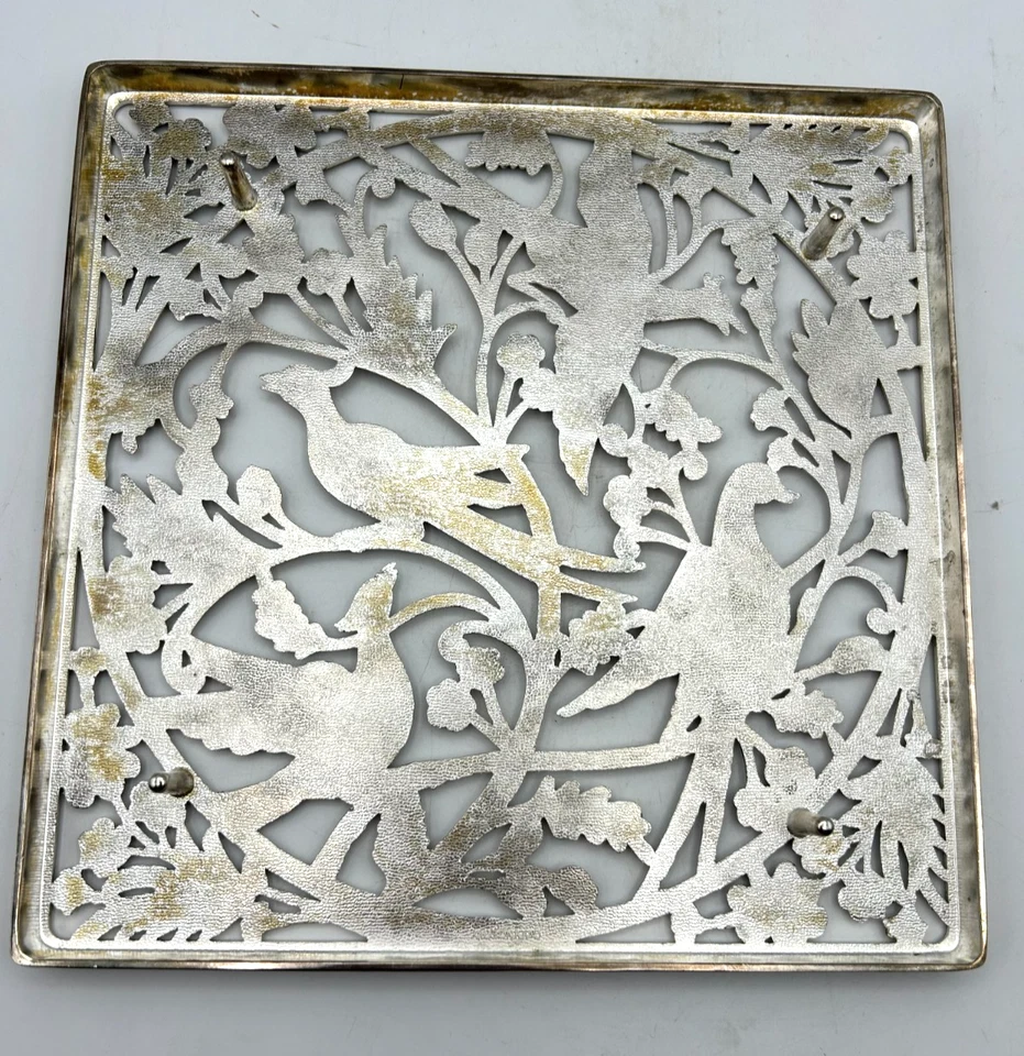 "Trivet de colección Godinger faisán y floral estilo Art Nouveau cuadrado tono plata 9""" Foto 3 de 4